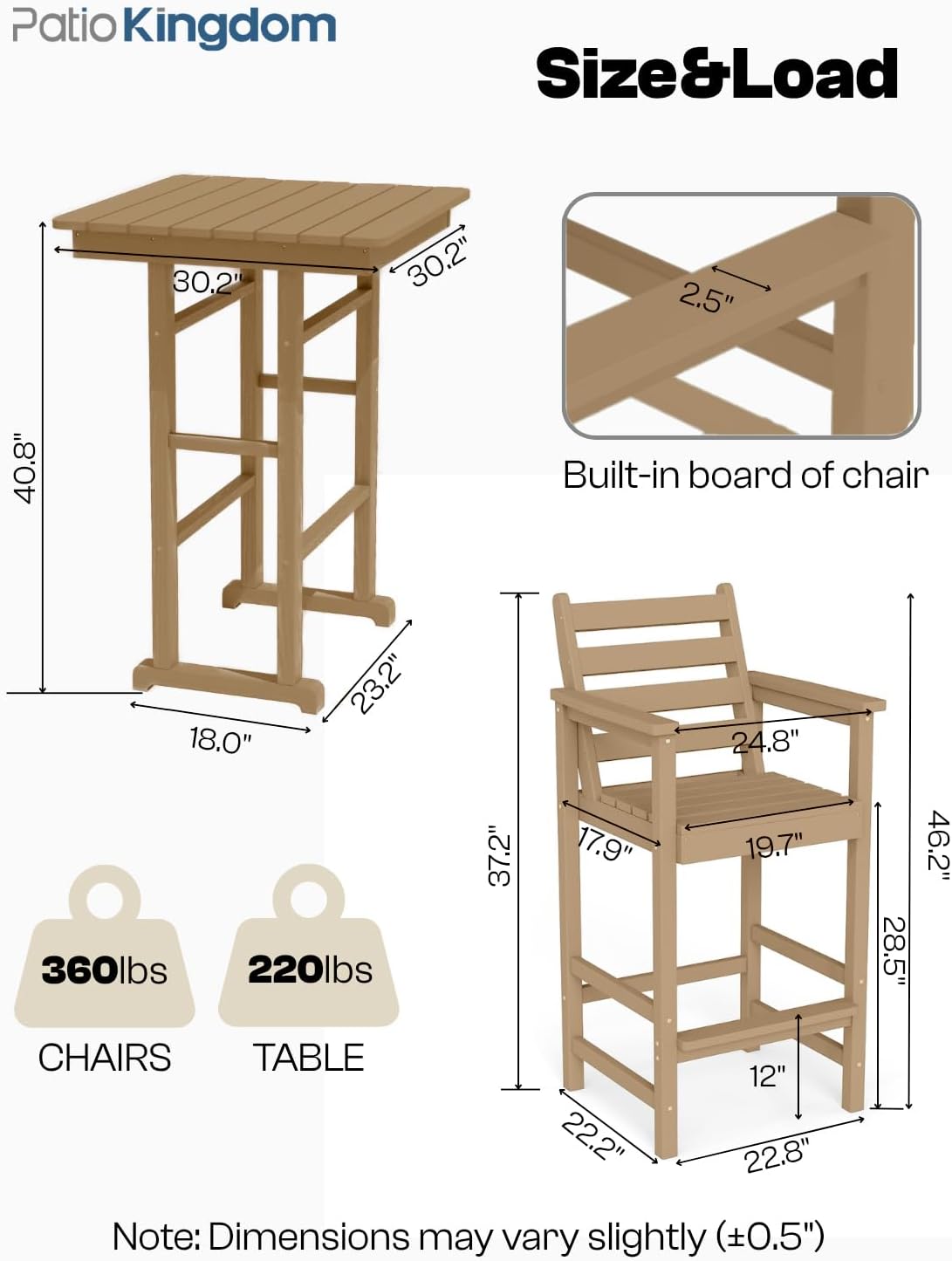 3-Piece Outdoor Bar Set with Beige 9FT Cantilever Umbrella, HDPE Tall Balcony Adirondack Chairs and Table, All-Weather Outdoor Bar Stools for Patio (Brown)