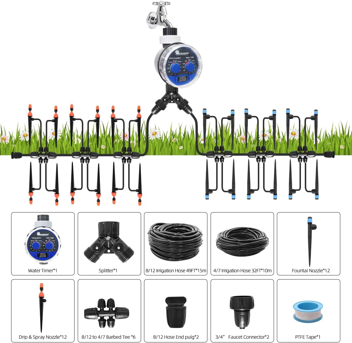 Micro Drip Irrigation Kit Automatic Garden Watering Misting System with 8/12 inch 4/7 inch Irrigation Tubing Hose and Water Timer for Greenhouse, Yard, Lawn