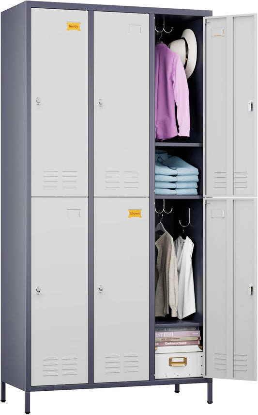 6 Doors Metal Lockers for Employees with 6 Shelves and 18 Hooks, Storage Locker with Business Card Holder for Office Gym School Bedroom, Assembly Required, White and Gray