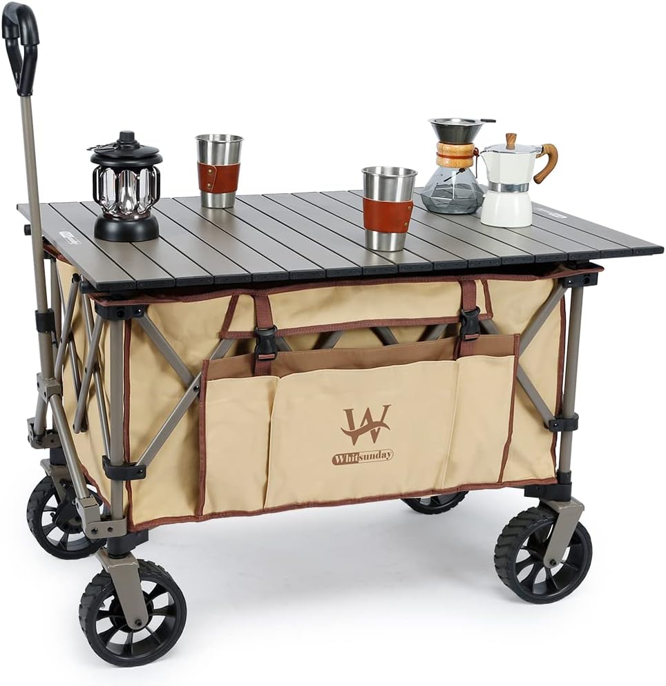 Whitsunday Folding Collapsible Wagon Cart, Beach Heavy Duty Wagon with Table,Utility Grocery Cart for Camping Sports Outdoor Shopping Park Khaki