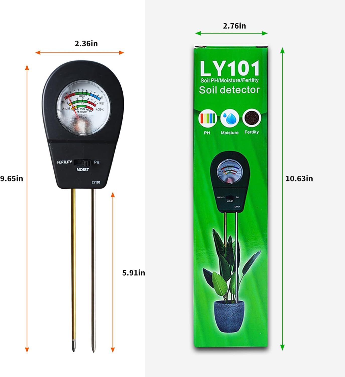 Soil Test Kit, ph Soil Tester for Garden Soil - 3-in-1 Digital Soil Moisture Meter, Soil pH Meter & Fertility Soil Tester for Indoor & Outdoor Garden, Farm, Patio, Lawn，Black