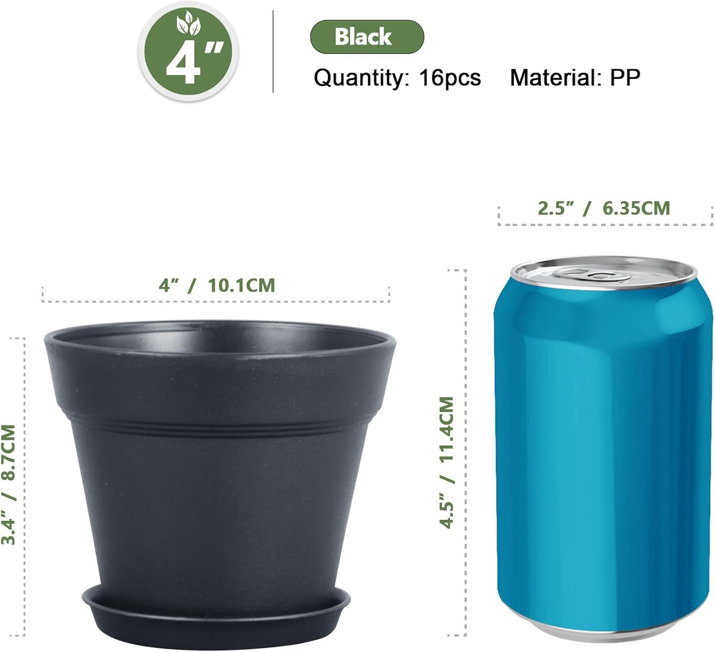 4 inch Small Plastic Nursery Pots, Seedling Pots - 16 Pack Plant Pots for Indoor & Outdoor Plants, Decorative Flower Pots with Drainage Holes and Saucers, Black