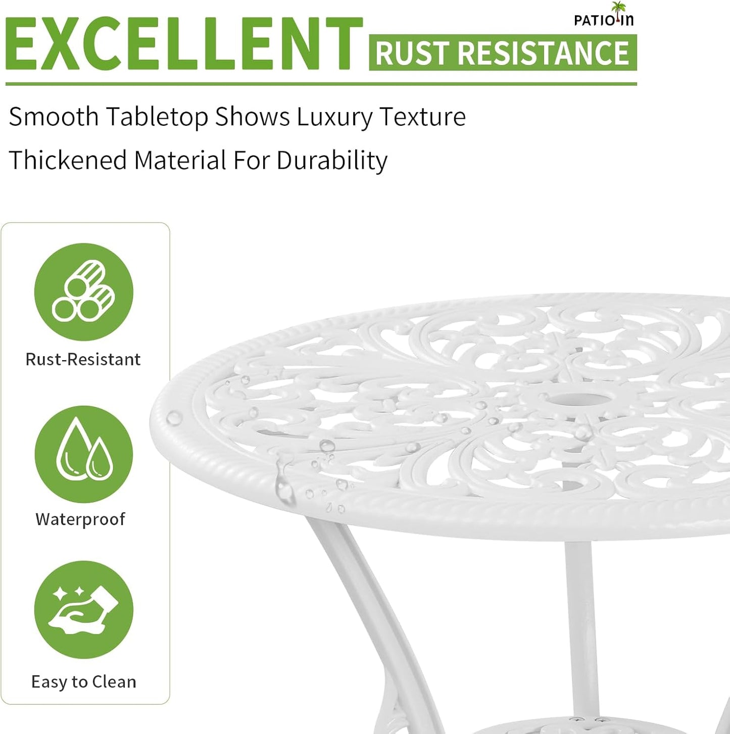 3 Piece Patio Bistro Set,Cast Aluminum Bistro Table Set Outdoor Round Dining Table with Umbrella Hole for Porch, Lawn, Garden, Backyard, Pool (White)