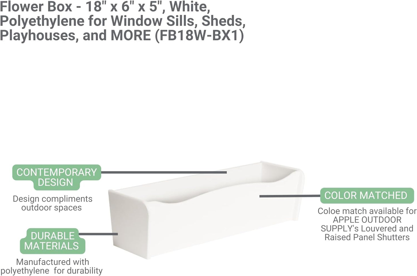 Flower Box - 18" x 6" x 5", Black, Polyethlene for Window Sills, Sheds, Playhouses, and More (FB18BLK-BX1)