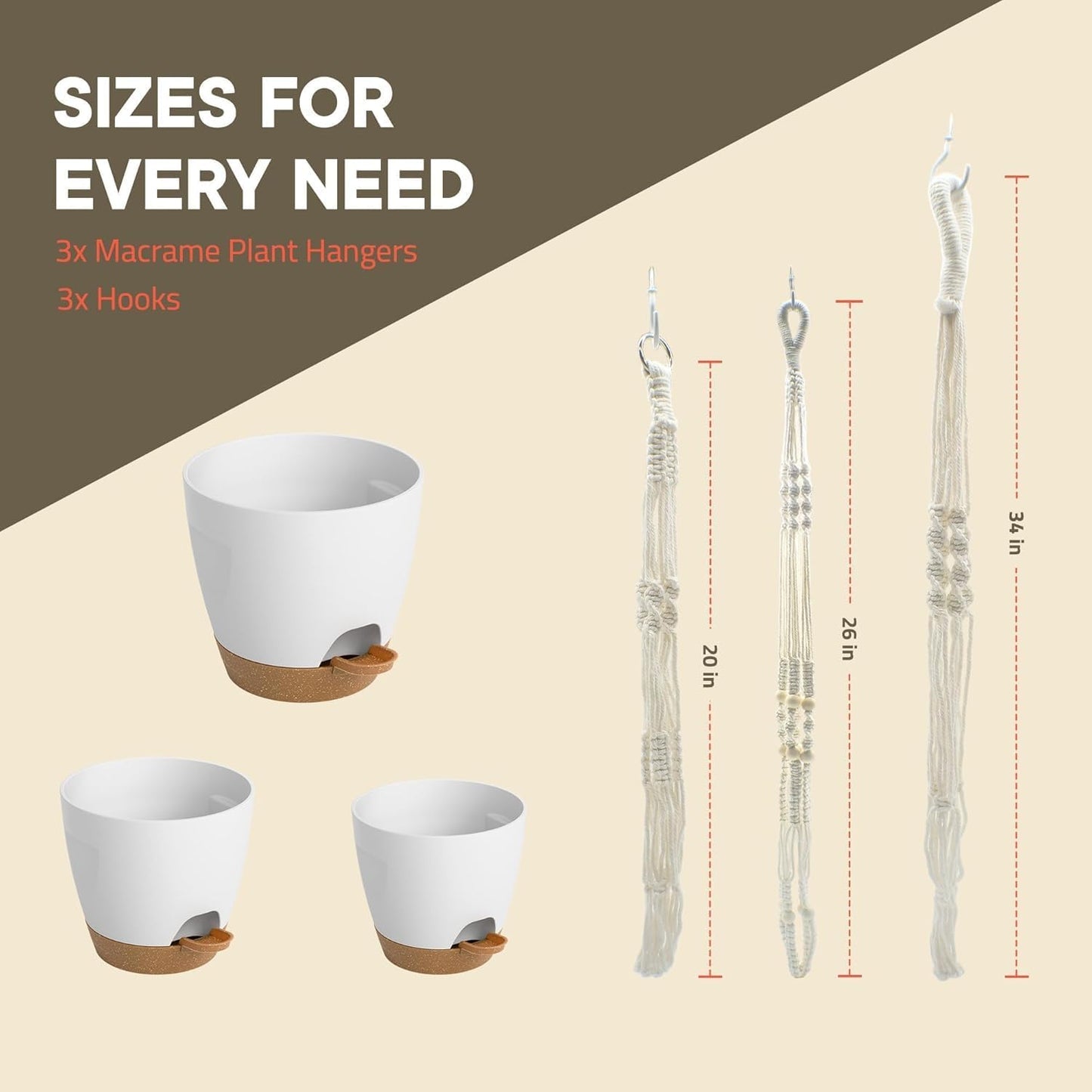 Macrame Plant Hangers for Indoor and Outdoor Use, Set of 3 Hanging Plant Pots Holders with Hooks, Ivory Cotton Rope, Tassel-Free, Fits 6" to 10" Pots, Rope Lengths 35", 26", 20", (No Pots Included)