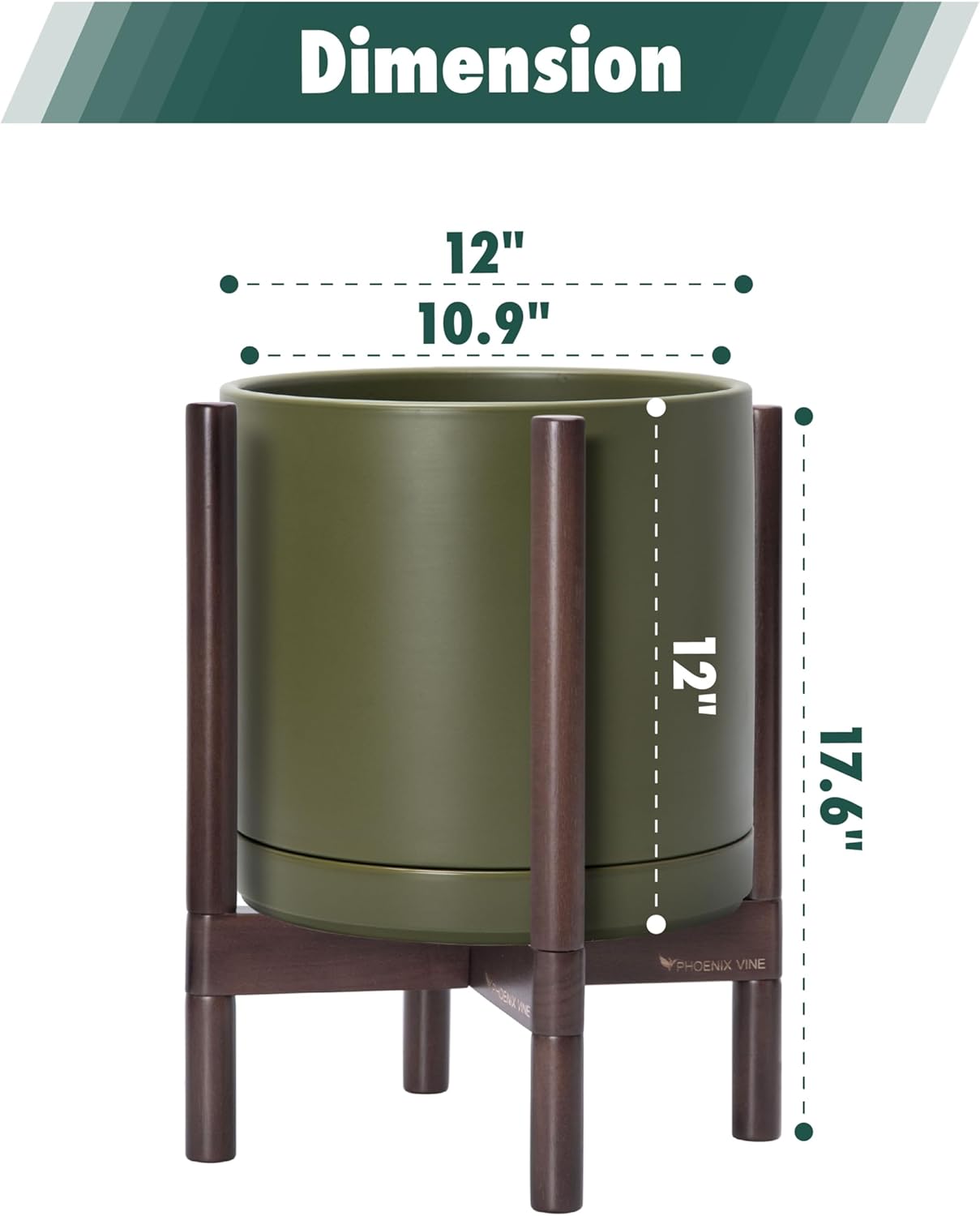 D'vine Dev Ceramic Planter with Walnut Color Stand - 12 Inch Modern Round Flower Pot with Wood Planter Holder, Olive, 55-B-W-J