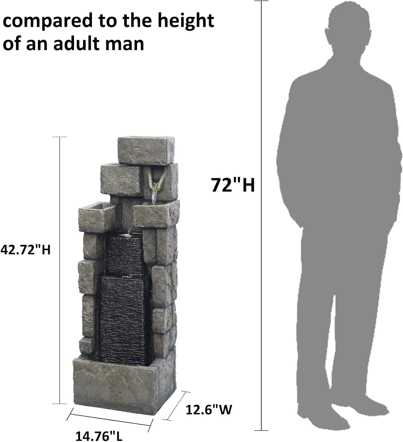 YZM 42.72" H Modern Stacking Bricks Water Fountain Outdoor Cascading Waterfall Fountains with Led Lights for Gardens Landscaping Patios Balconies and Lawns Decor for Outside