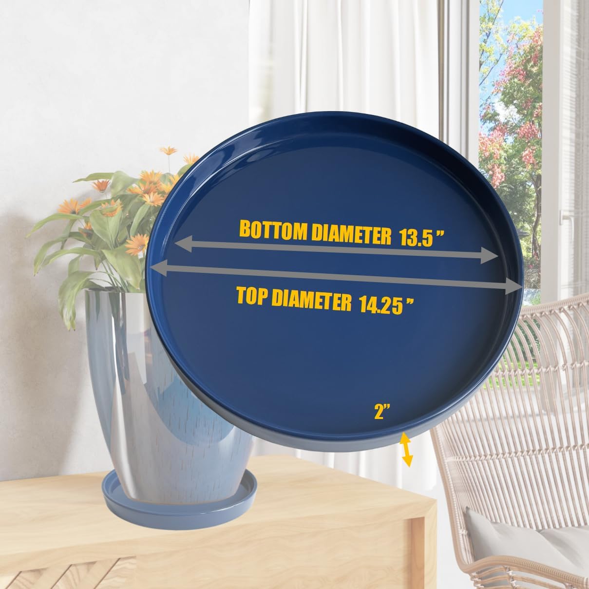 Ceramic Plant Saucer Blue Deep Glazing Pot Tray - 15 inch1 Pack, Planter Saucers Water Drip Trays for Indoors Outdoor, Thick Durable Sturdy Flower Pot Saucers for Glazing Pots Base, (15"/13.5"-Size)