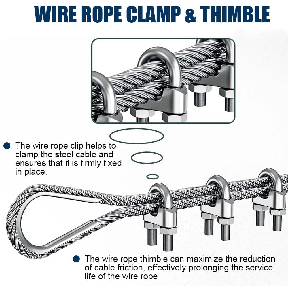 1/4" Wire Rope Kit, 50ft Stainless Steel Cable with 2Pcs 1/4 Turnbuckle, Clamp & Thimble, 7x19 Strands Heavy Duty Metal Cable,1400 lbs Load Limit, Turnbuckles for Cables Wire, Zipline