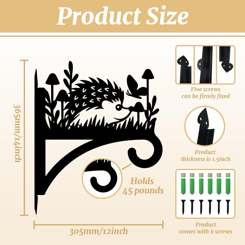 peacoblue Iron Plant Hangers Hooks for Outdoor Indoor Hanging Plants Flower Fern Pots Lantern Bird Feeder Wind Chimes, 12”x14” Weather Resistant Metal Wall Holder for Porch Garden Farmhouse(Hedgehog)