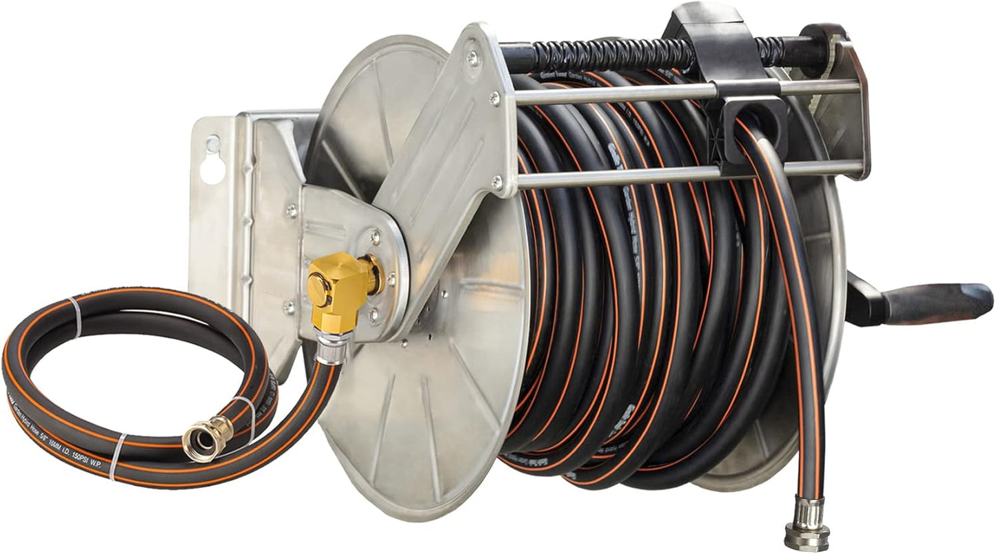 Giraffe Tools Stainless Steel Garden Hose Reel with 5/8" x 100 ft Heavy Duty Hose, Wall/Floor Mounted Metal Water Hose Reel with Crank Handle