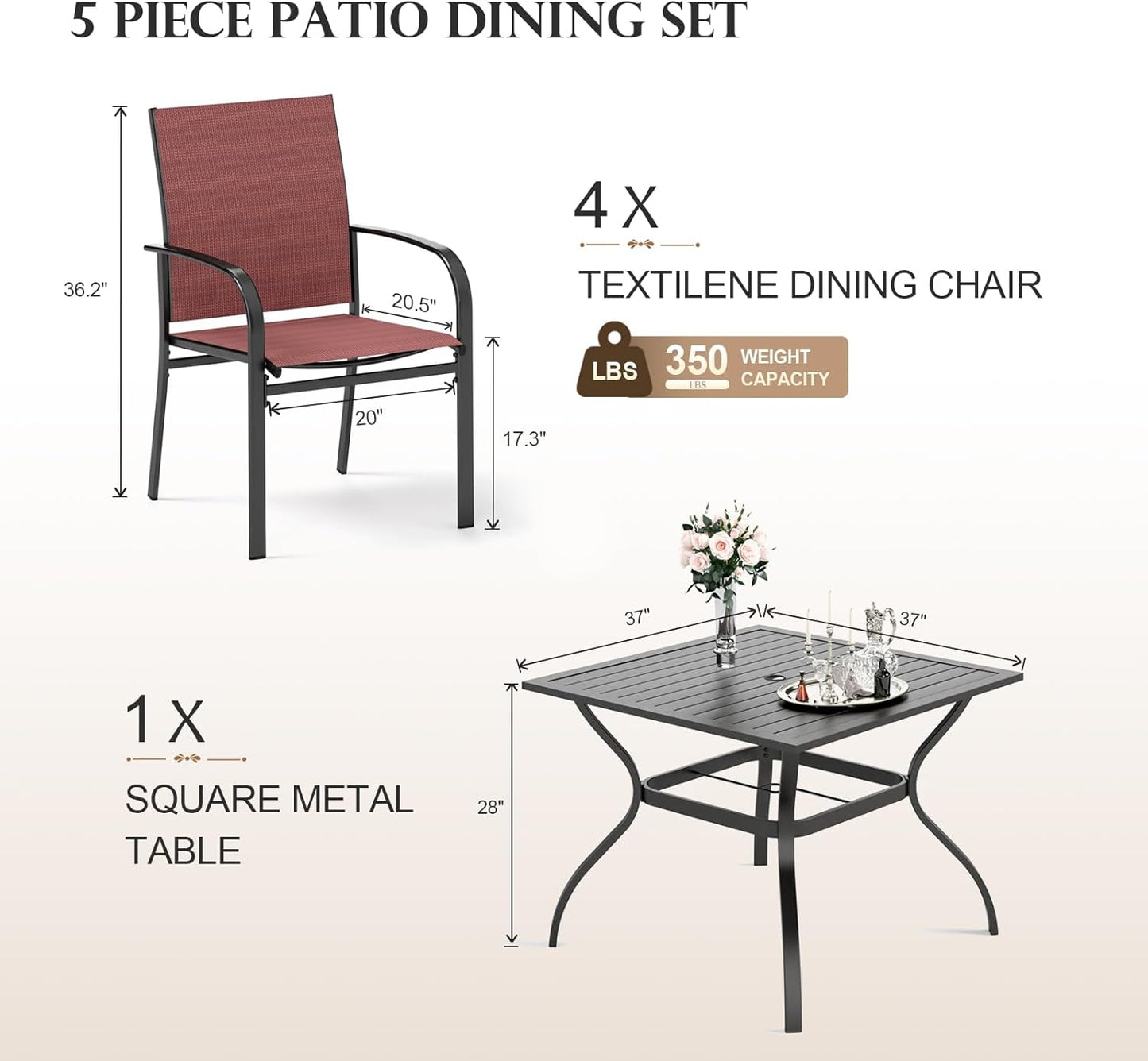 HERA'S HOUSE Red Patio Dining Set for 4, 5 Piece Outdoor Table and Chairs Set, 4 x Textilene Dining Chair, 37" Square Metal Dining Table, for Lawn Garden Backyard Deck