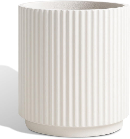 Round Concrete Planter Outdoor Indoor, Large Cement Plant Pots for Flowers (Vertical White, 16 inch)