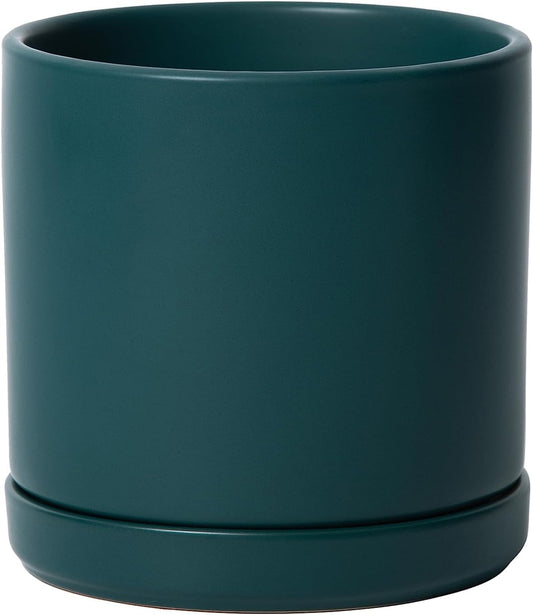 D'vine Dev 6 Inch Ceramic Planter Pot with Drainage Hole and Saucer, Indoor Cylinder Round Planter Pot, Teal, 94-O-C-9