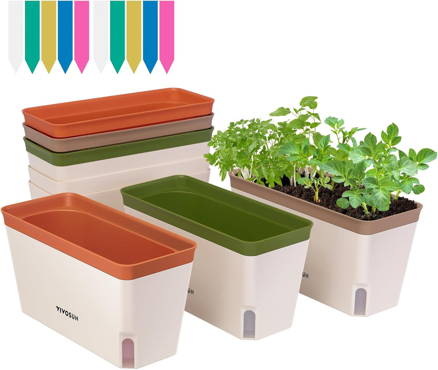 VIVOSUN Self-Watering Planters, 6-Pack 10.5 Inch Compact Rectangular Window Herb Planter Box with 10 PCS Plant Labels, Plant Container for Basil, Flowers, Succulents, Indoor & Outdoor