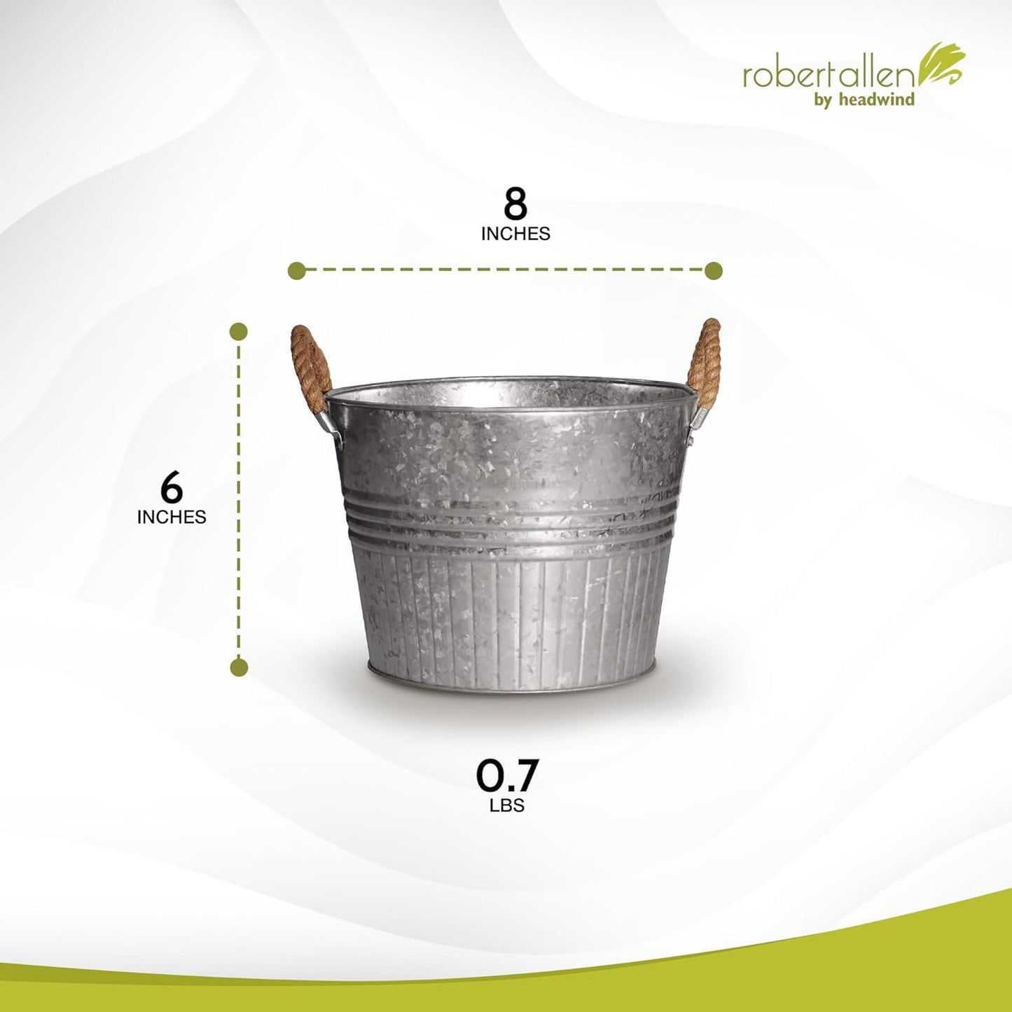 Headwind Round Galvanized Bucket w/Rope Handles – 8 Inch Metal Tub Bucket Planter for Outdoor Plants with Drainage Hole – Galvanized Large Outdoor Planters Buckets by Robert Allen