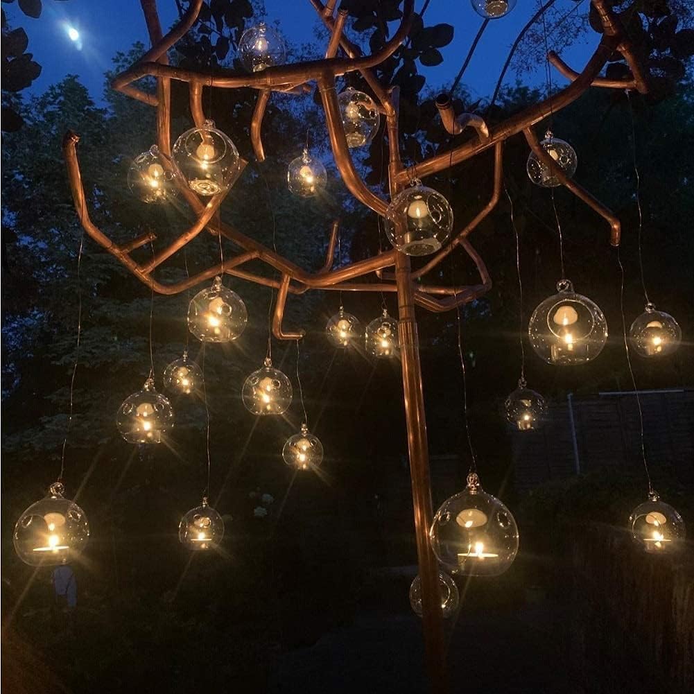Sziqiqi Hanging Glass Globes Orbs Tea Light Candle Holders with Flameless LED Tealight for Wedding Ornaments Wedding Birthday Christmas Party Centerpiece Accessory 3.15in 12pcs