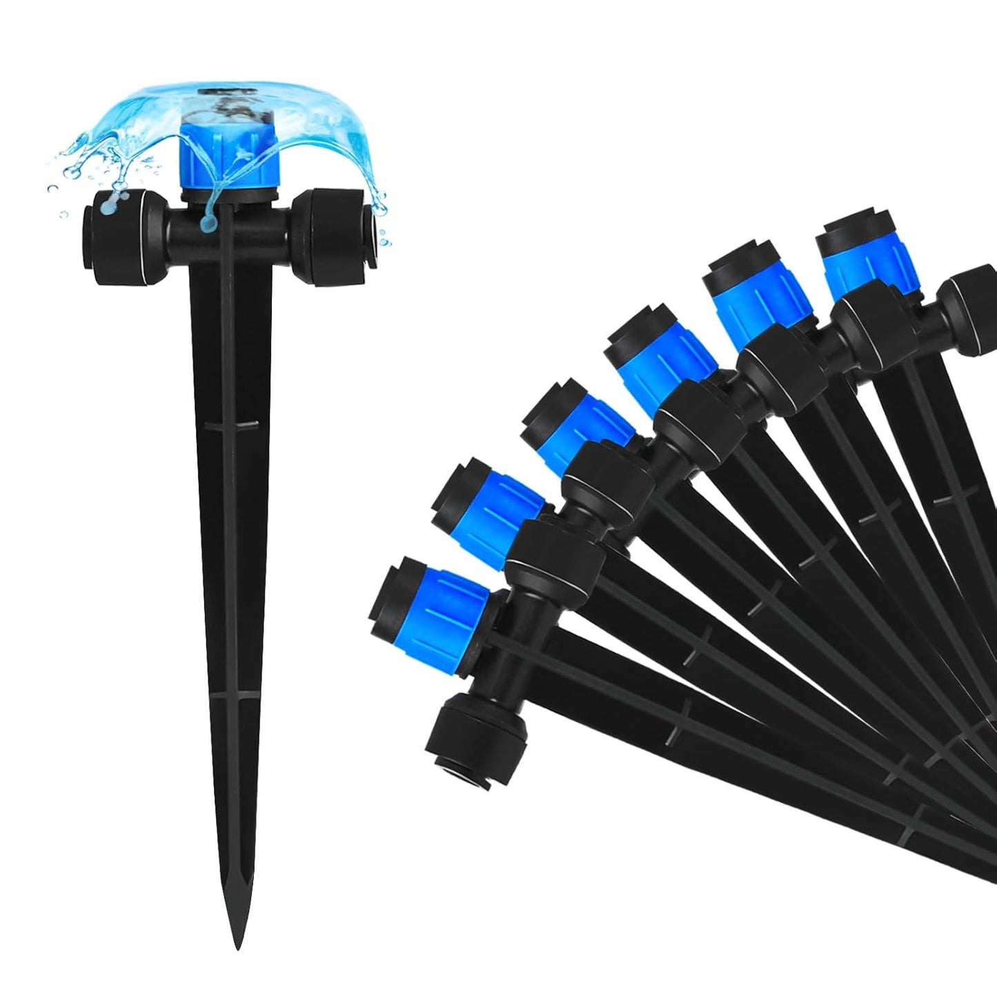Push-to-Fit Drip Irrigation Vortex Emitters for 1/4" Drip Irrigation Tubing, 20 Pcs Adjustable 360 Degree Water Flow Fan Shape Drippers with Stake in-Line Drip System Emitter