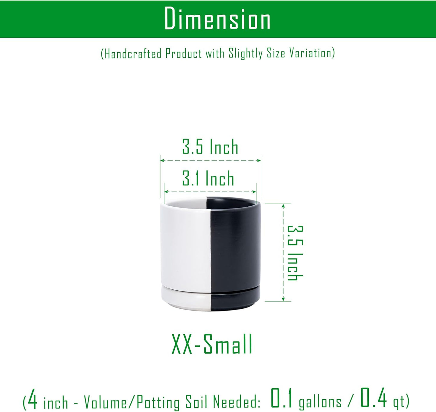 D'vine Dev 3.5 Inch Ceramic Planter Pot with Drainage Hole and Saucer, Indoor Cylinder Round Planter Pot, Split Monochrome Black & White, 94-O-A-0