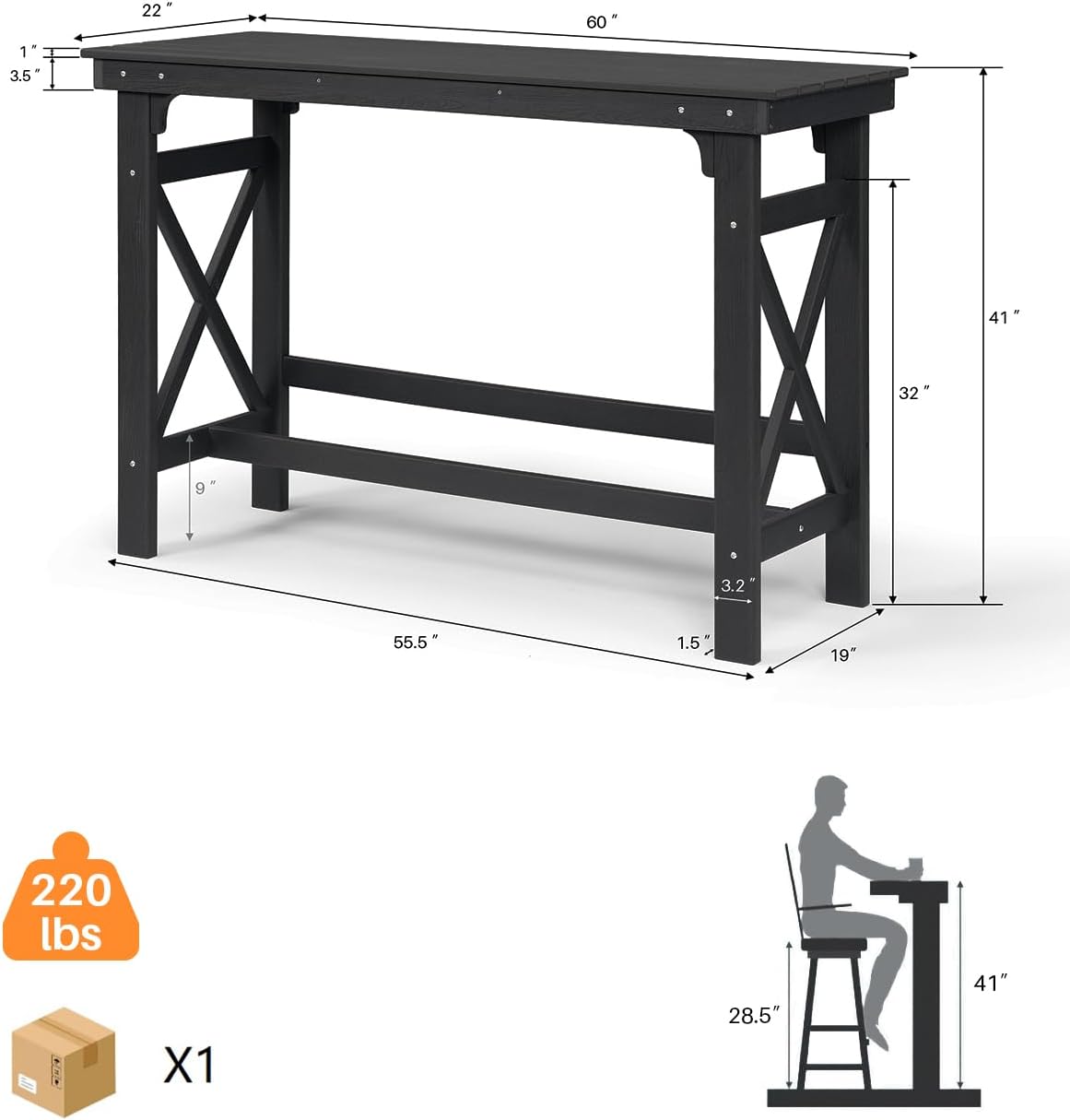 HDPE Patio Bar Table, 41" Rectangle Outdoor Bar Tables Counter Height Table, Adirondack Outdoor Bar Height Table, HDPE Outside Pub Tables for Balcony, Deck, Backyard, Poolside, Obsidian