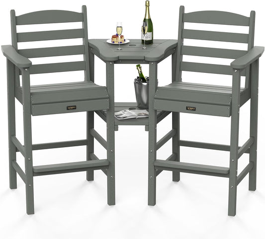 VINGLI Tall Adirondack Chairs Set of 2 with Removable Double Connecting Trays, HDPE Weather Resistance Outdoor Bar Stools Heavy Duty Patio Table and Chars Set Poly Deck Chairs for Pool Balcony (Gray)
