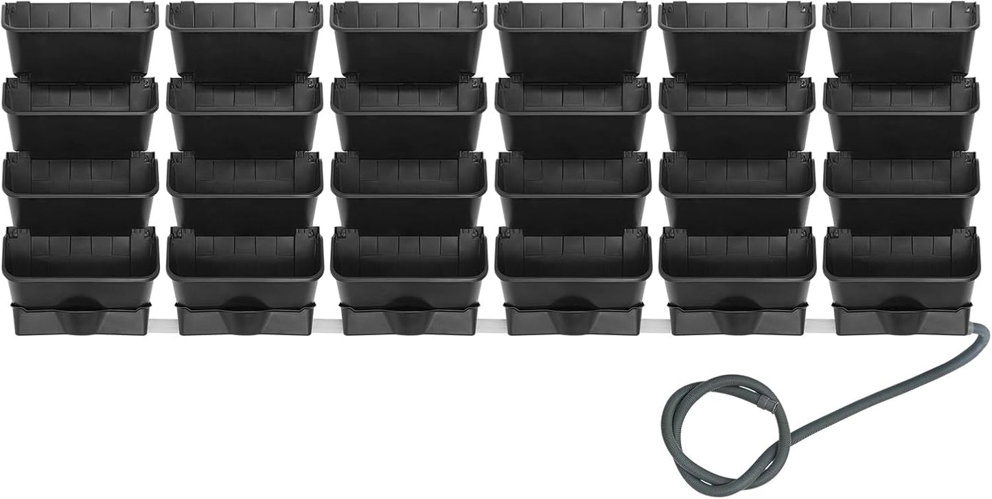 Vertical Wall Planter with 24 Pots, Hanging Garden Plant Flowerpot Holder, Stackable Wall-Mounted Planter, Balcony Planters for Flowers Vegetables Fruits (Black, 24 Pots+6 Drainage Planters&Pipe)