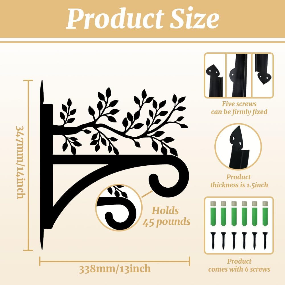 peacoblue Iron Plant Hangers Hooks for Outdoor Indoor Hanging Plants Flower Fern Pots Lantern Bird Feeder, 13"x14" Weather Resistant Metal Wall Holder for Porch Garden Farmhouse(Leaves with Branches)