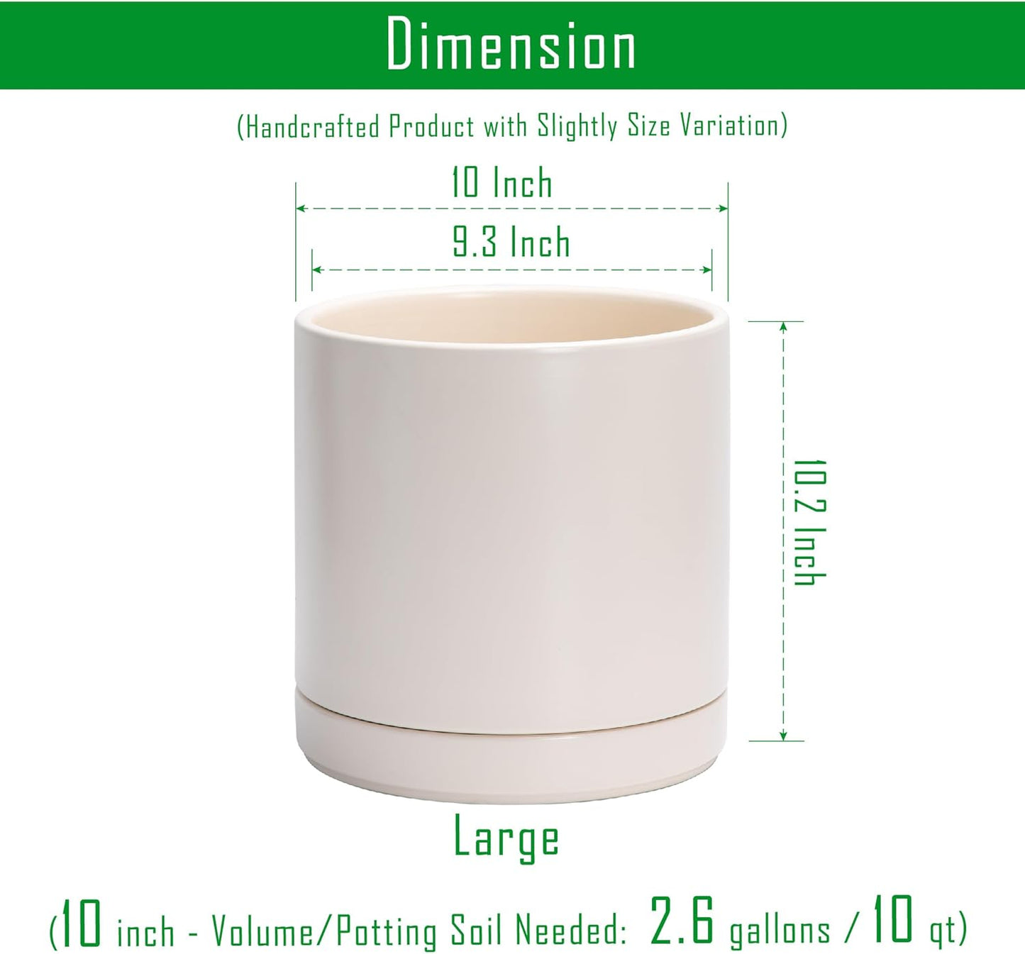 D'vine Dev 10 Inch Ceramic Planter Pot with Drainage Hole and Saucer, Indoor Cylinder Round Planter Pot, Oatmeal, 94-O-E-8