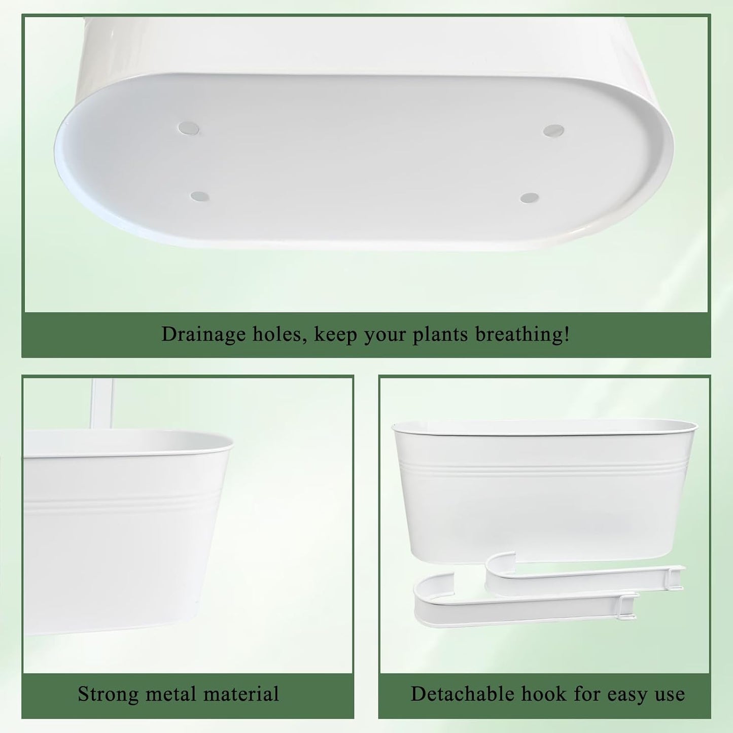 Hanging Planters for Outdoor Plants, 17" Railing Planter Pots, Metal Fence Flower Pot for Porch Balcony with Detachable Hook (White, Pack of 4)