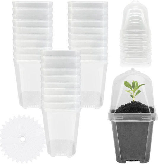 EBaokuup 30PCS Clear Plant Nursery Pots with Humidity Dome - 3" Durable Plastic Gardening Pot with Labels, Small Plant Container for Seedlings/Vegetables/Succulents/Cuttings
