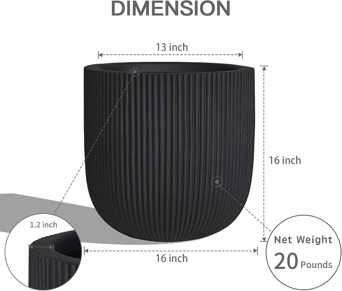 16 Inch Handmade Concrete Outdoor Planter - Classic Striped Design | Fiberglass & Composite Material | Durable for Commercial & Home Decor