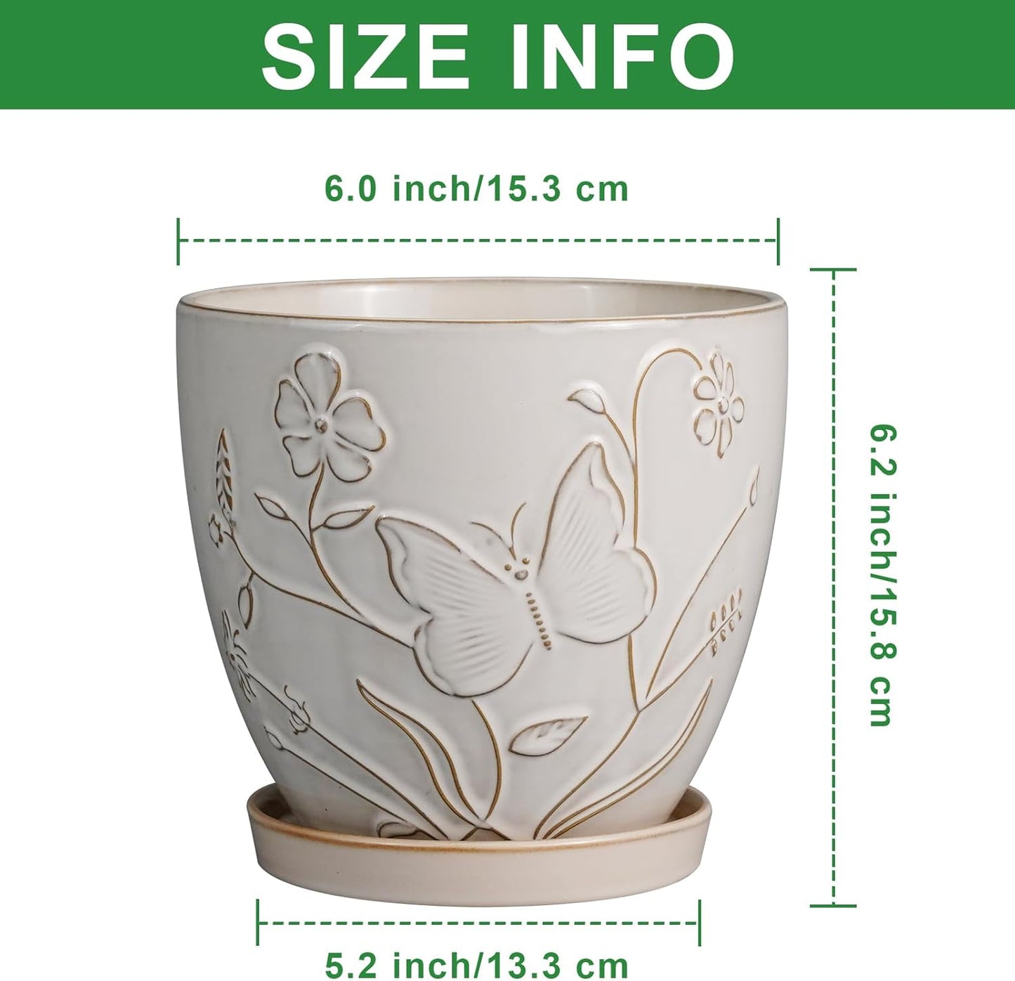 6 Inch Ceramic Plant Pot for Indoor Plants Outdoor Round Planter Flower Pot with Drainage Hole and Saucer for Home Garden Office Decor White