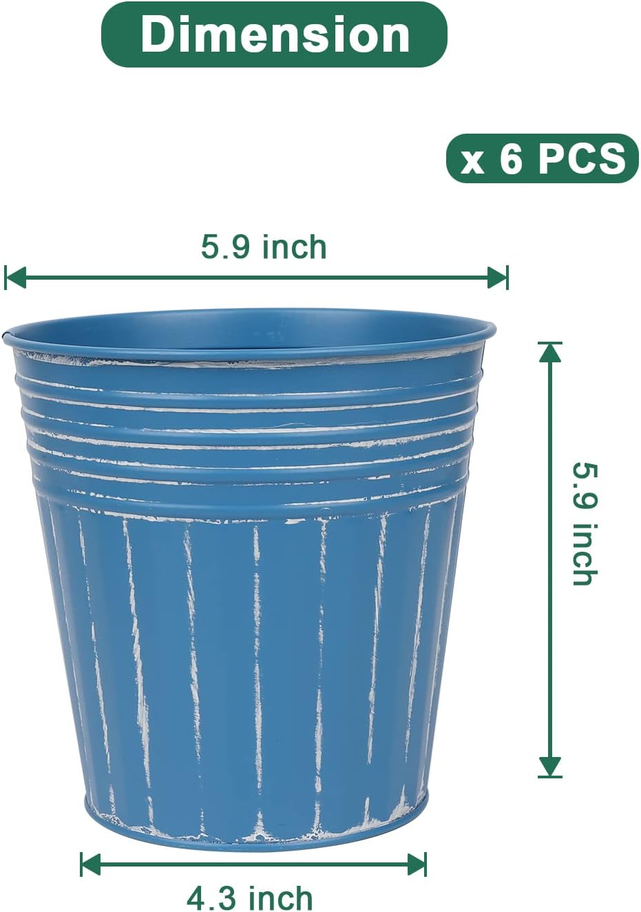 vensovo 6 Inch Steel Blue Metal Rustic Flower Pots - 6Pcs Galvanized Planters with Drainage Hole and Rubber Plug, Rustproof Metal Bucket Plant Pots Farmhouse Vintage Style for Decor