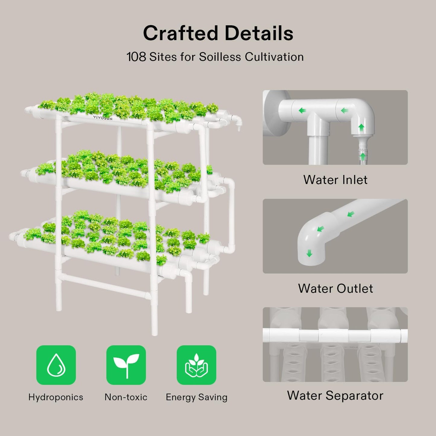 VIVOSUN Hydroponics Growing System 108 Plant Sites, 3 Layers 12 Food-Grade PVC-U Pipes Gardening System Grow Kit with Water Pump Timer, Nest Basket and Sponge for Leafy Vegetables