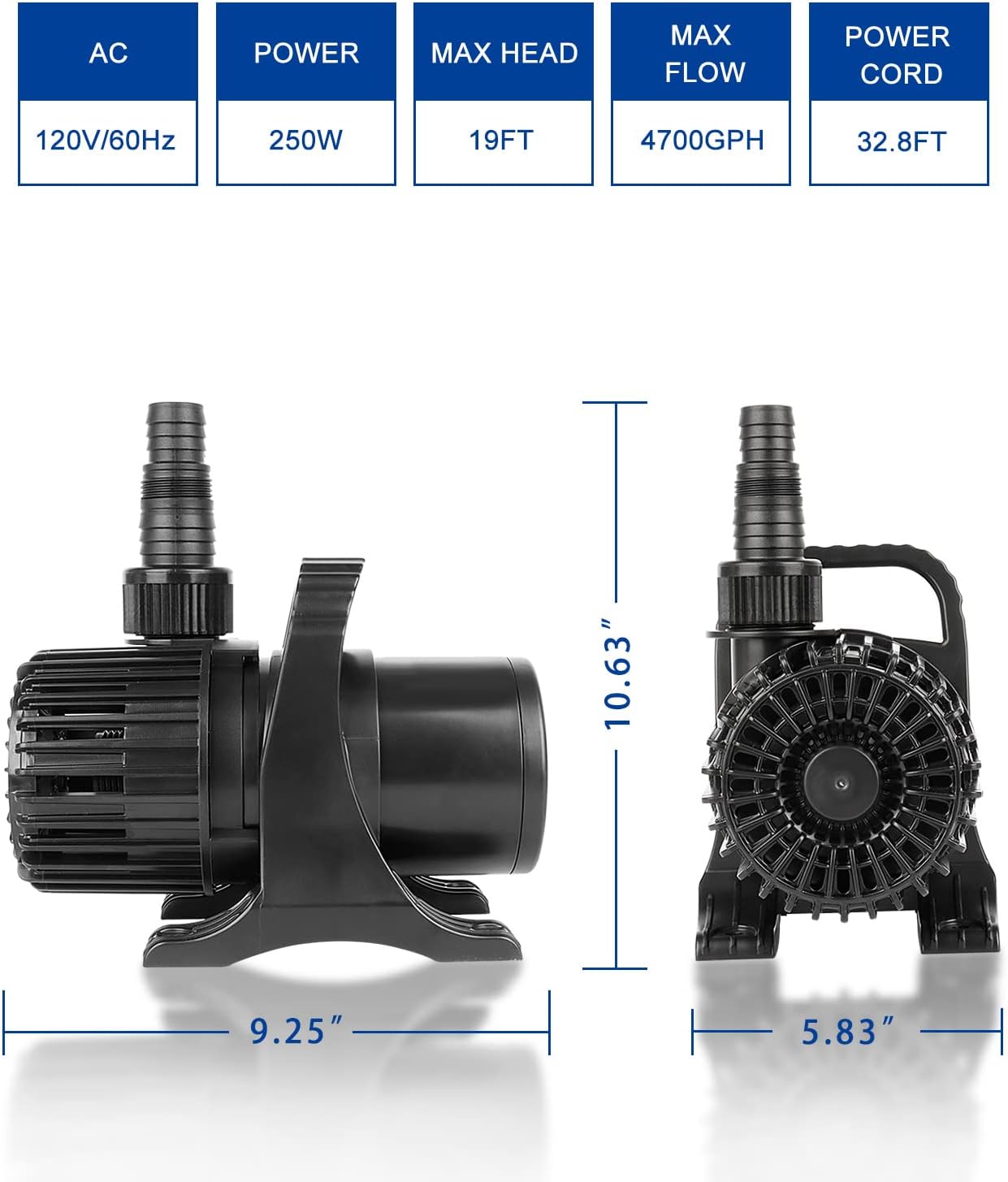 OYO WATER Outdoor Large 4700gph-250W 32.8FT Pond Water-fall & Kio Fish Fountain-s &Garden Pump Submersible IPX8: Long 32.8FT Cord Smart-er & Quieter Duck & Yard& Patio Ponds Pumps, 1 Barrier Pump Bag