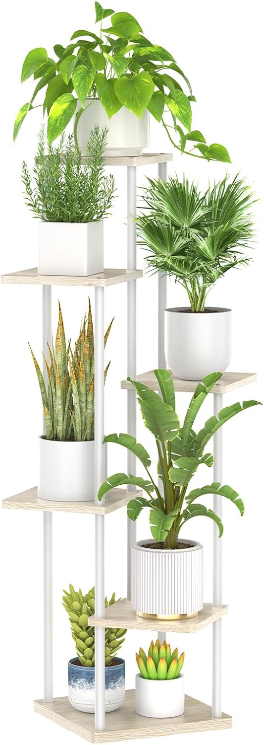 6 Tier Tall Plant Stand Indoor, Large Metal Wood Muti Level Vertical Planter Shelf Orchid Holder for Narrow Corner, Sturdy Heavy Duty Flower Display Rack for House Decor Living Room Bedroom, White