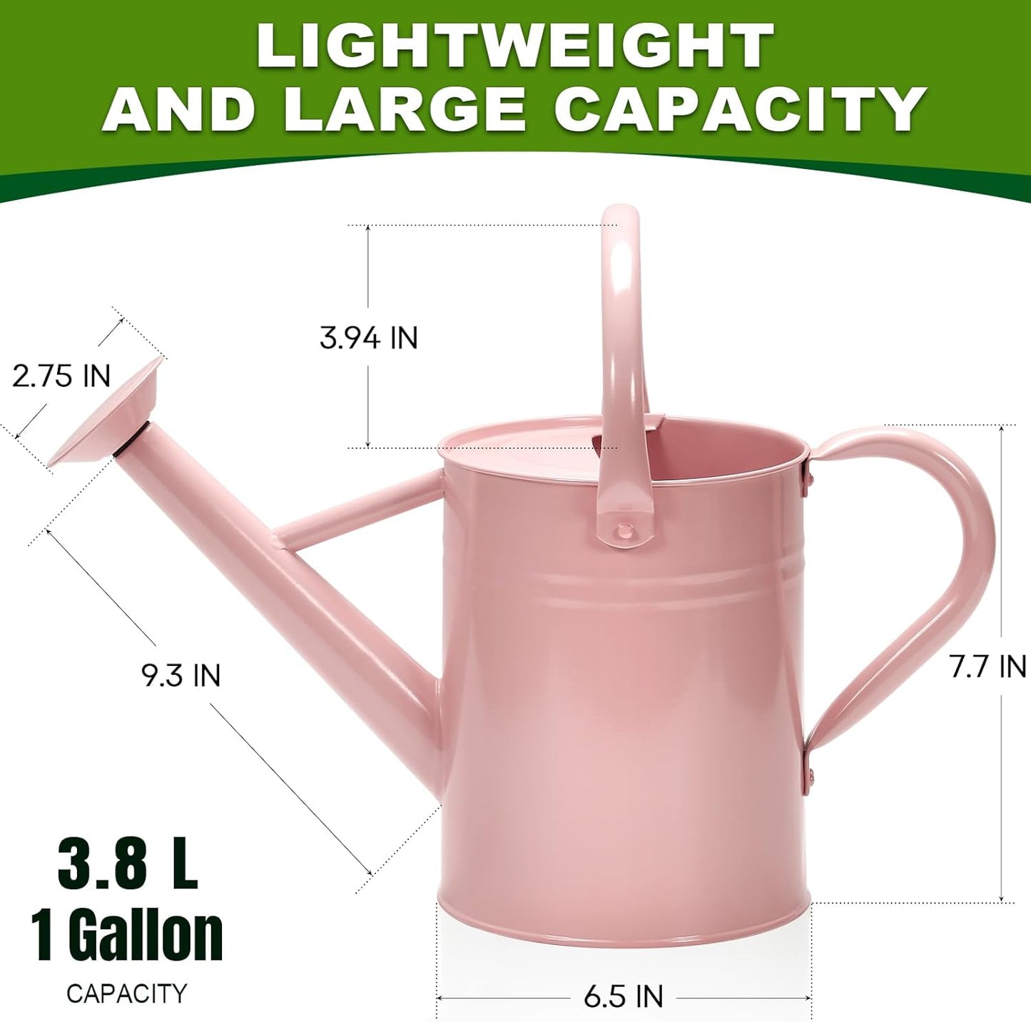 Metal Watering Can with Removable Spout, Galvanized Watering Can, Perfect for Indoor Use and for Outdoor Use (1 Gallaon, Pink)