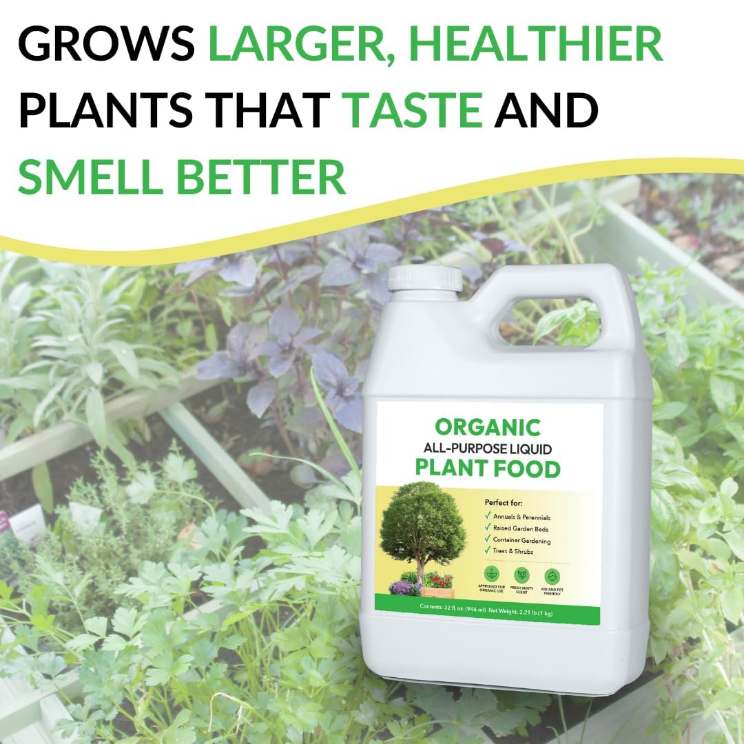 Organic All-Purpose Liquid Plant Food Pump Bundle: for Outdoor Plants, Flower Beds, Veggie Gardens, Container Gardening | Concentrated Liquid Fertilizer Alternative (1 Gallon + Pump, Mixes to 128G)