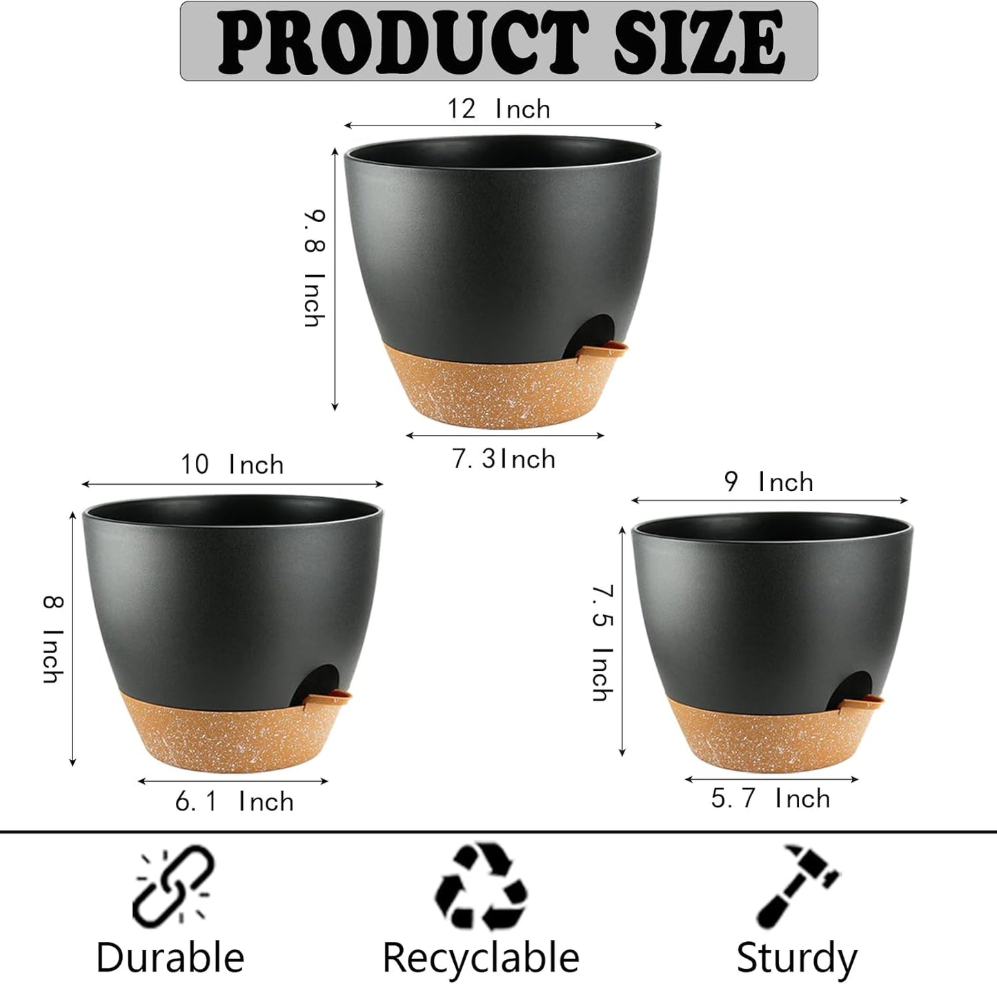 Large Self Watering Planters Plant Pots Outdoor 9/10/12 Inch for All House Plants Black Plastic Flower Pots with Drainage Hole Flower Pots for Indoor Plants Gift Idea for Home Decor