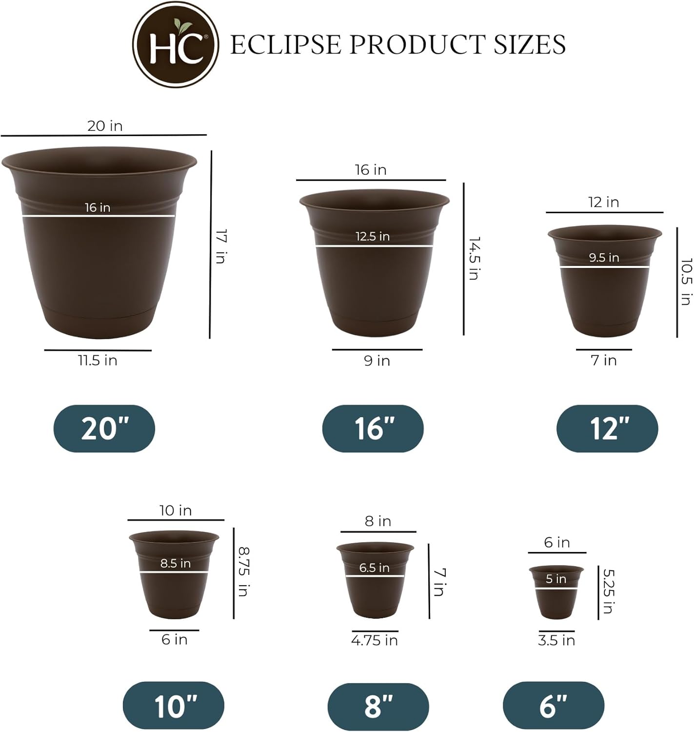 The HC Companies Eclipse Round Planter with Saucer - Outdoor & Indoor Plant Pot with Drainage Holes - Lightweight, UV-Resistant Plastic Pots for Plants, Flowers & Herbs (20" Chocolate, Pack of 1)
