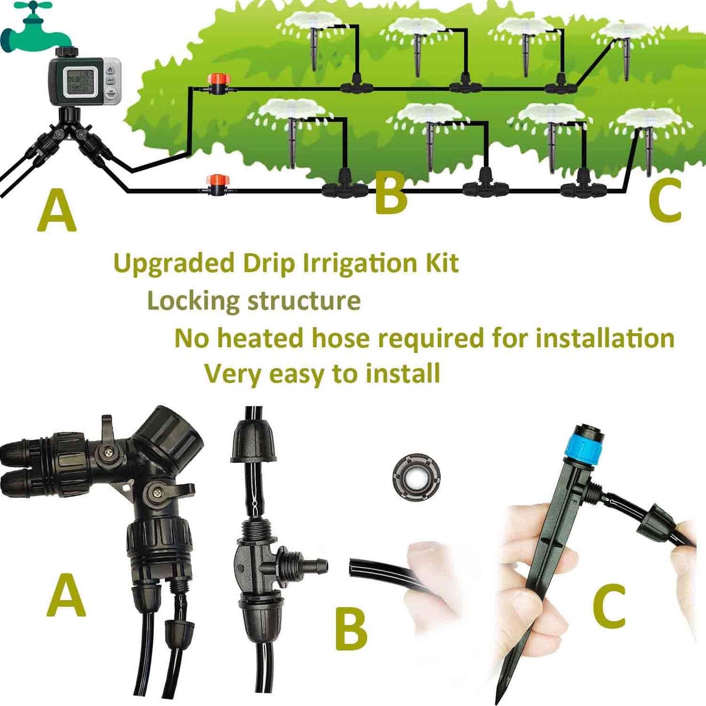 64FT Drip Irrigation Kit with Garden Timer Plant Watering System with Tubing Gushing Nozzles and Water Timer, Quick Connector Kits Easy to Assemble