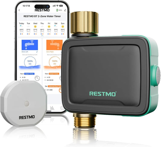 RESTMO Smart Sprinkler Timer with Flow Meter, Water Timer for Garden Hose, Brass Inlet & Outlet, Automatic Lawn & Yard Irrigation Watering System, APP Remote Control (RF Hub + WiFi Connection)