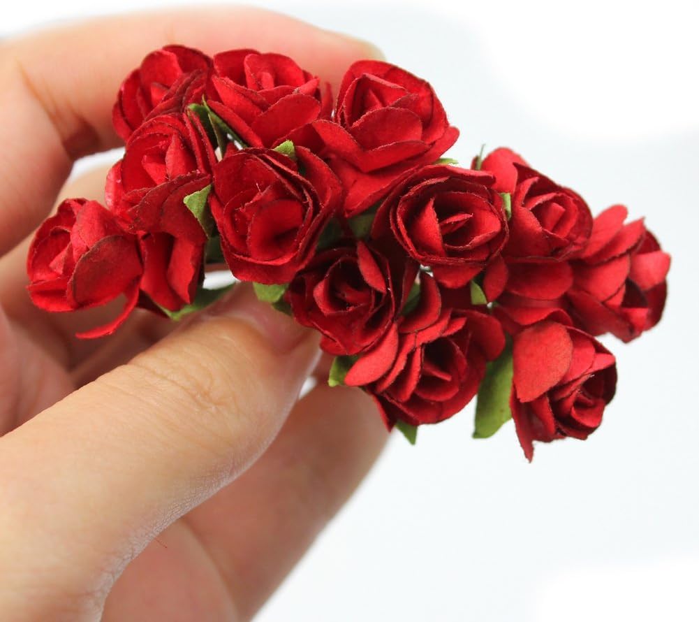 Mini Fake Rose Flower Heads 144pcs Mini Artificial Mulberry Paper Roses Flower with Wire Stem DIY Wedding Flowers Accessories Make Bridal Hair Clips Headbands Dress (Red)