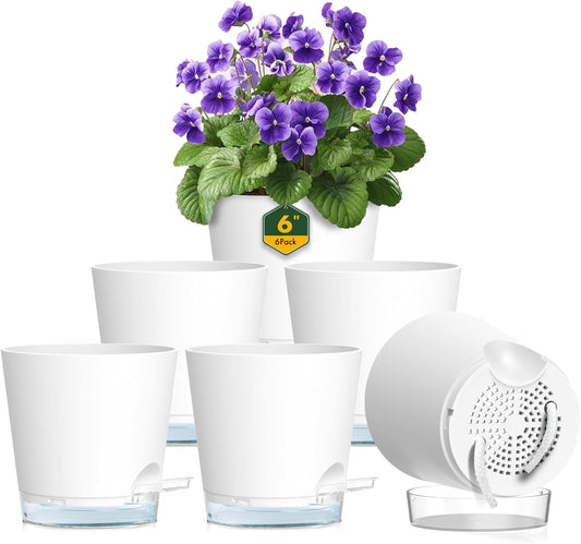 6 inch Self Watering Pots for Indoor Outdoor Plants, 6 Pack Flower Plant Pots with Drainage Holes and Clear Reservoirs, Visible Water Level, Plastic Planters with Wicking Rope, White