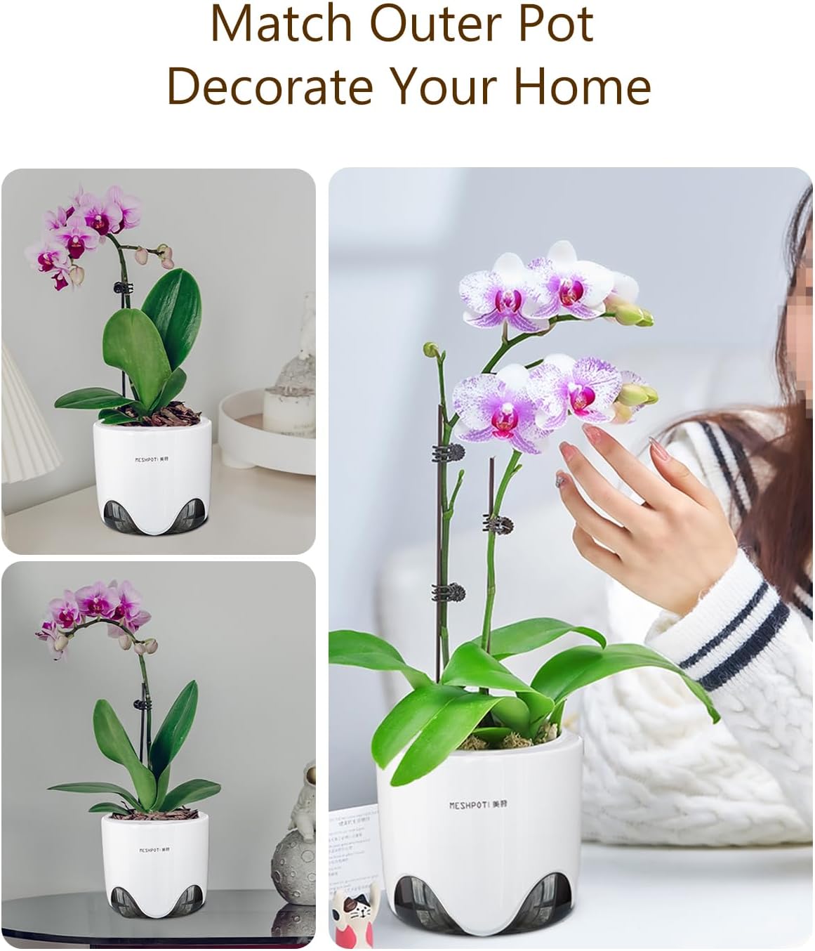 5 inch Orchid Pots with Holes for Repotting with Excellent Airflow, Set of 2, Double Layer Plastic Imitate Ceramic Orchid Planter, Clear Orchid Pot Match Decorative Orchid Container