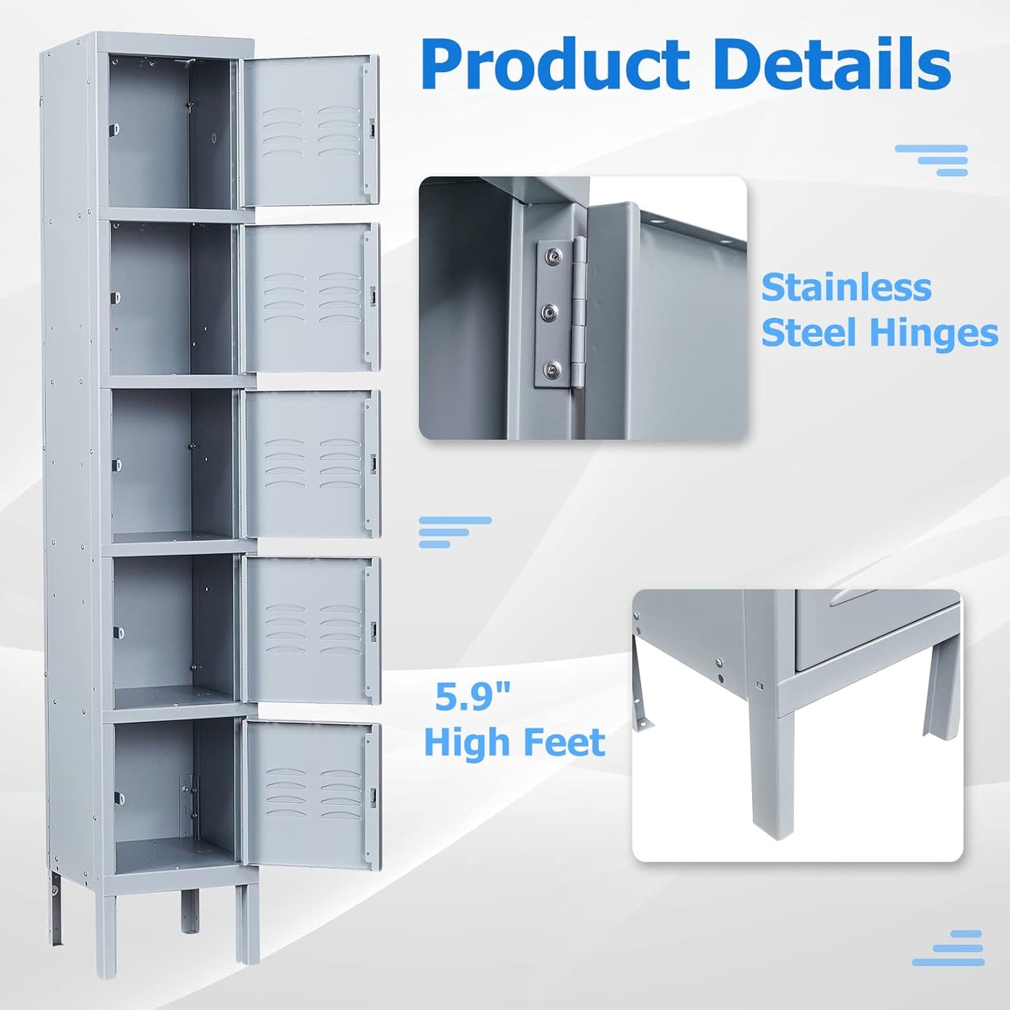 Letaya Metal Lockers, 5 Doors -66" Tall Steel Storage Cabinets Lockable for Employees, School,Gym, Home,Office,Mudroom,Industrial Lockers (Gray)