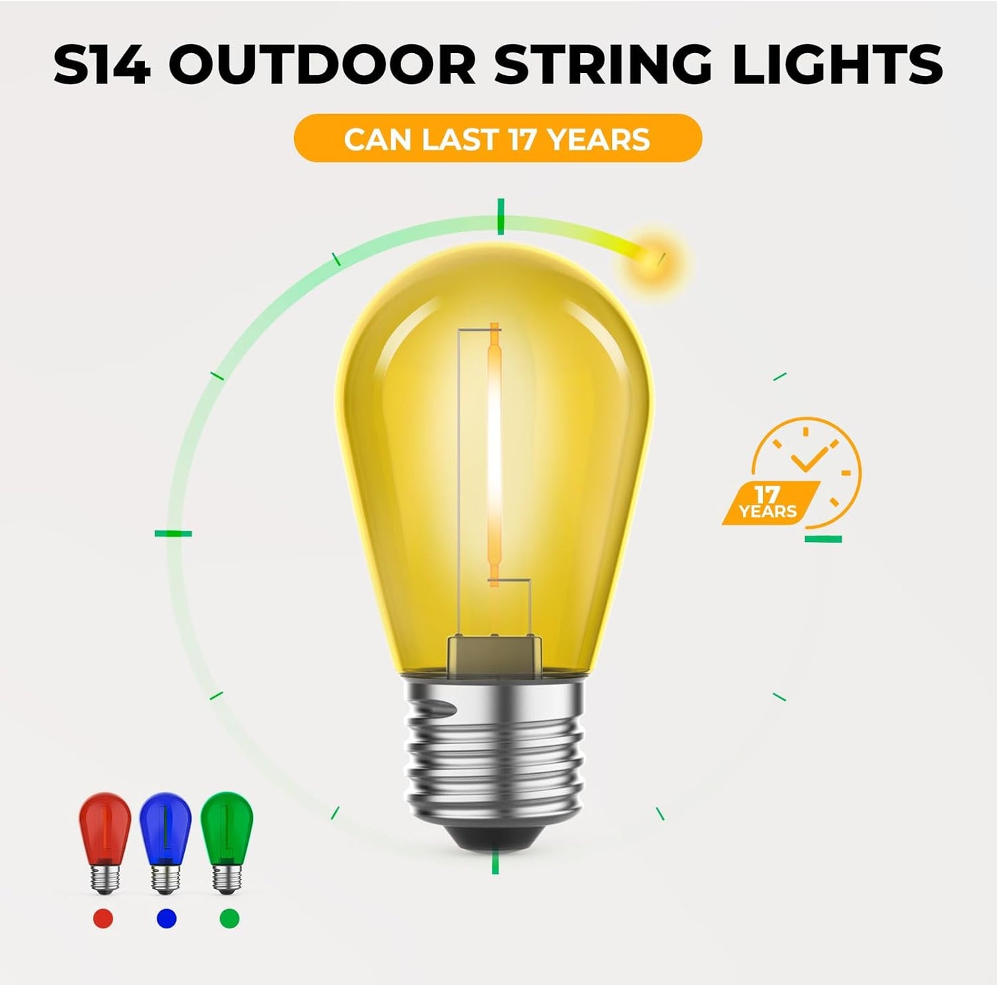 24 Pack LED S14 Colored Light Bulbs for Outdoor String Lights, Shatterproof 1W Replacement Bulbs for Patio Lights, Dimmable, 2200K Warm White, E26 Base, Multi-Color: Red/Blue/Yellow/Green