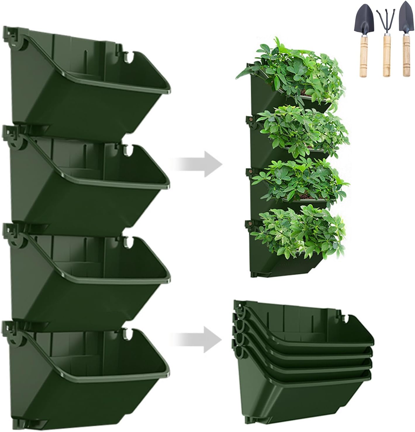 Vertical Wall Planter, 4 Packs Self Watering Wall Planters for Indoor with 3 Pcs Garden Tool Set Vertical Planter Tower for Strawberries Flowers Herbs, 12.9''x5.5'' x26.7''