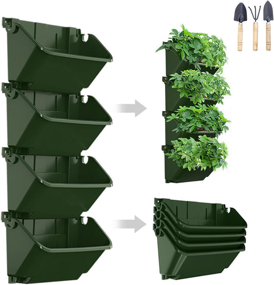 Vertical Wall Planter, 4 Packs Self Watering Wall Planters for Indoor with 3 Pcs Garden Tool Set Vertical Planter Tower for Strawberries Flowers Herbs, 12.9''x5.5'' x26.7''