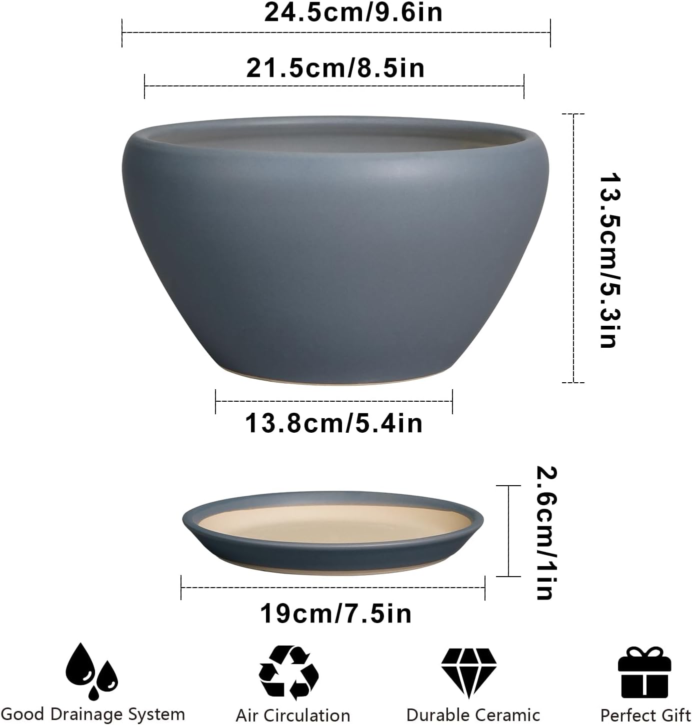 Ceramic Pots for Plants - 9 Inch Planter for Outdoor Plants Large Plant Pot Indoor with Drainage Hole and Saucer Decorative Modern Flower Pot for Home Garden Decor Gray